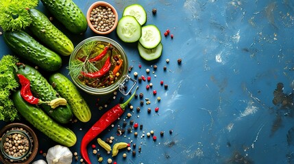 Pickled cucumbers and different spices on blue background - obrazy, fototapety, plakaty