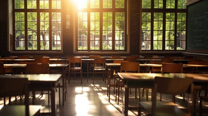 A digital illustration of an empty university classroom, modern desks and chairs bathed in sunlight.
