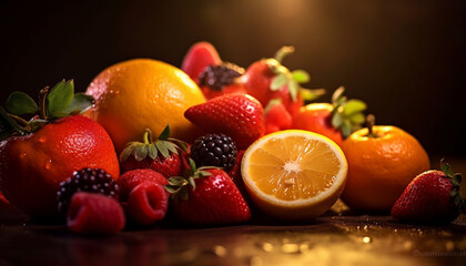 Freshness of organic fruit, healthy eating, juicy citrus dessert on wooden table generated by AI