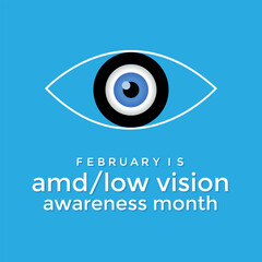 Amd low vision awareness month observed every year in month of February. Banner, poster, card template design. Health awareness.