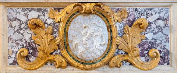Foto auf Acrylglas VICENZA, ITALY - NOVEMBER 5, 2023: The the marble baroqe relief of Virgin Mary among the saints on the side altar of church Chiesa di Santa Maria dei Servi by unknown artist. © Renáta Sedmáková