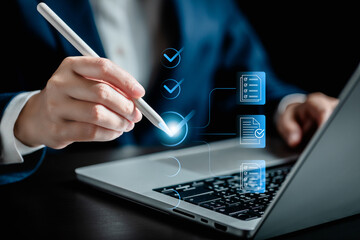 Businesswomen evaluate the performance of business via checklist systems online, take...