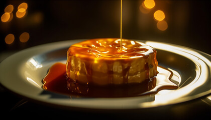A decadent gourmet dessert, a slice of melting creme caramel generated by AI