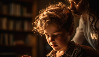 Two boys indoors, learning and bonding, smiling and looking together generated by AI