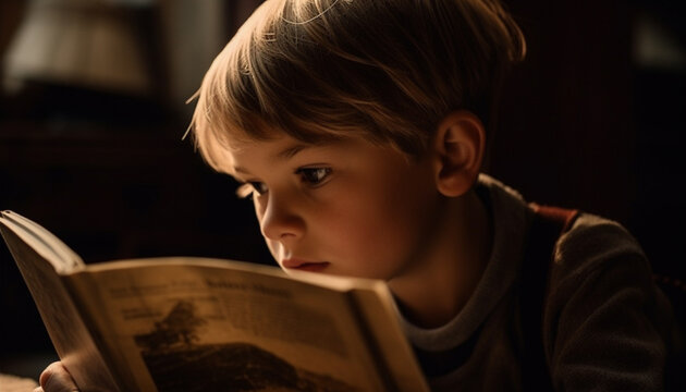 A cute Caucasian child reading a book, learning and studying generated by AI