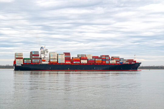 The container ship RDO Fortune, owned by D. Oltmann Reederei and flagged to Liberia, sails into Charleston Harbor, SC, USA on January 16, 2024.