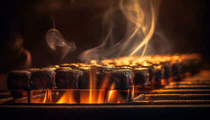 Flame burning, glowing yellow, close up Heat igniting dark furnace wood generated by AI