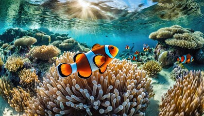 Fototapeta na wymiar The clownfish with the coral in the sea.
