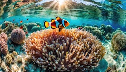 Naklejka na ściany i meble The clownfish with the coral in the sea.