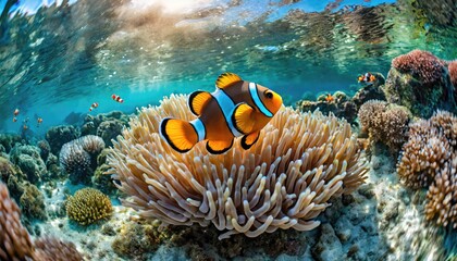 Naklejka na ściany i meble The clownfish with the coral in the sea.
