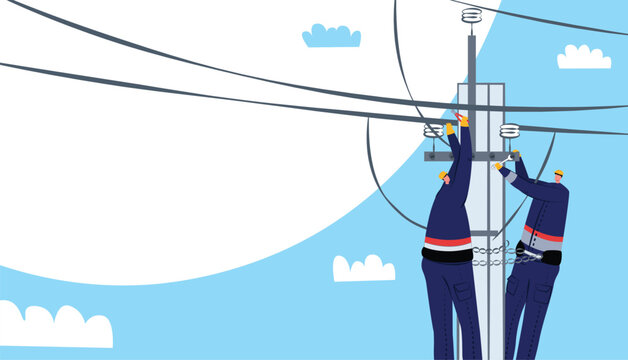 Electricians working on power lines with tools, clear sky. Technicians repairing electrical equipment on utility pole. Maintenance work and safety procedures vector illustration.