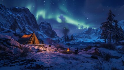 Camping Under the Dance of Lights, A Whistlerian Montage of a Festive Night in the Snowy Landscapes of Unreal Engine 5, Captured Through the Lens of a Toy Camera, Inspired by the Art of the