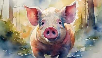 The watercolor of the pink pig in the farm.