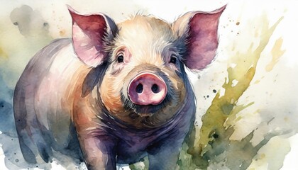 The watercolor of the pink pig in the farm.