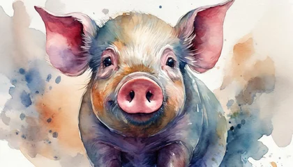 Foto op Aluminium The watercolor of the pink pig in the farm. © hugo