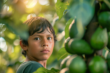 Latin American boy posing in a avocados harvest area and looking serious at camera