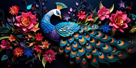 Enchanting Rainforest Symphony. Colorful peacock with feathers on black background. - obrazy, fototapety, plakaty