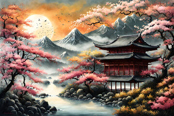 Naklejka premium Painting digital art Japanese background wallpaper 
