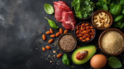 Keto-Friendly Ingredients: Close-up shots of keto-friendly ingredients nuts, seeds, lean meats, and green leafy vegetables, arranged in a visually appealing manner - obrazy, fototapety, plakaty