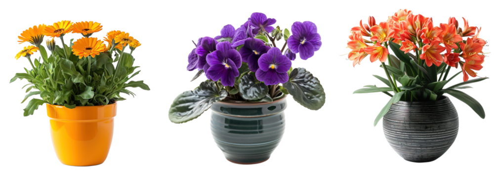 Set of colorful flower on ceramic pots over isolated transparent background. African violet, clivia and cyclamen