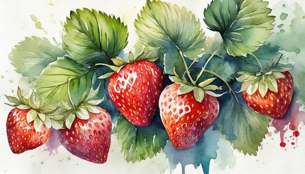 The juicy ripe watercolor strawberries with green leaves on a white background.