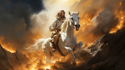 jesus Riding white horse in heaven. - obrazy, fototapety, plakaty
