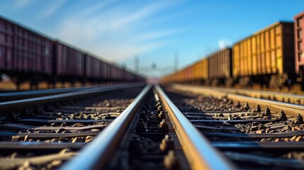 Blurry Photo of Train Tracks With Sky in Background - obrazy, fototapety, plakaty