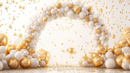 Decoração de festa de casamento com arco de bexigas em dourado e branco