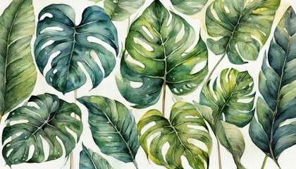 Watercolor monstera tropical leaves set illustration isolated. - obrazy, fototapety, plakaty