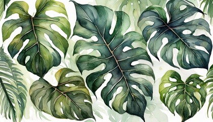 Watercolor monstera tropical leaves set illustration isolated.
