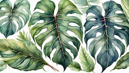 Watercolor monstera tropical leaves set illustration isolated.