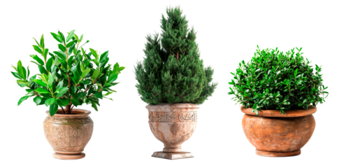 Set of different outdoors plants in elegant ceramic pots over isolated transparent background