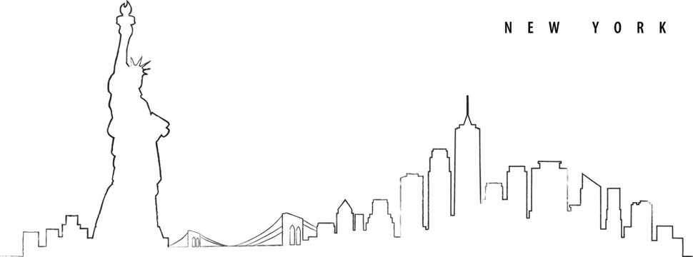 アメリカ、ニューヨークの街並みの風景による背景素材　線画