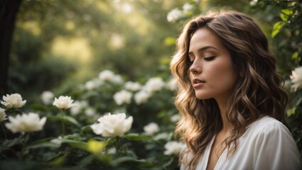 Naklejka premium Portrait of a girl meditating in serene garden.