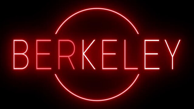 Flickering red retro style neon sign glowing against a black background for BERKELEY
