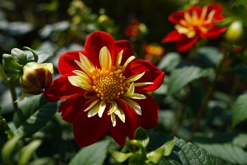 赤と黄のダリアの美
