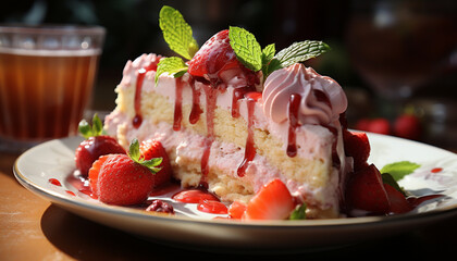 Freshness and sweetness on a plate, a gourmet strawberry dessert generated by AI