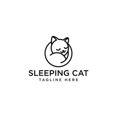 Cute cartoon cat logo, sleeping curled up in a circle. sleeping in black and white contour line drawing. Adorable cat symbol. Isolated vector clip art illustration.