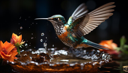 Hummingbird flying, vibrant colors, hovering, beauty in nature, pollination generated by AI