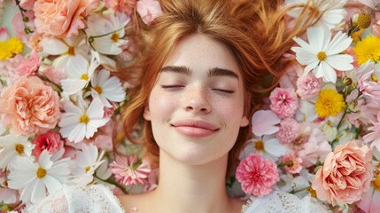 Obraz na płótnie Canvas Top view portrait of happy woman laying down on flowers. Happy women day, Beautiful woman with healthy skin, Cosmetics, Lotion, Treatment
