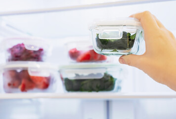 Female hand holds glass box with green spinach on the background of the freezer.