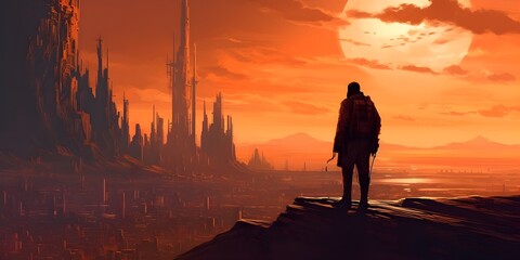 man overlooking a futuristic city in silhouette, in the style of vibrant fantasy landscapes