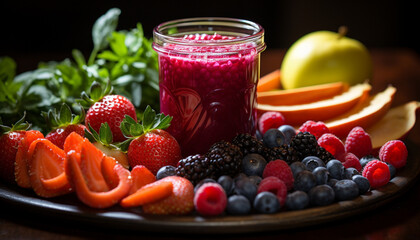 Freshness and nature in a bowl of healthy, organic berry dessert generated by AI
