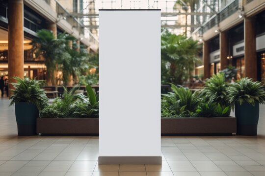 Blank advertising billboard in busy shopping mall passage
