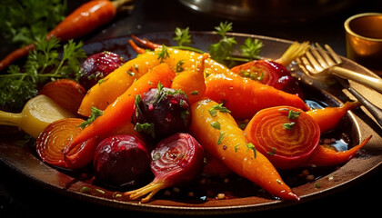 Freshness and healthy eating grilled vegetarian meal with carrot and onion generated by AI - obrazy, fototapety, plakaty