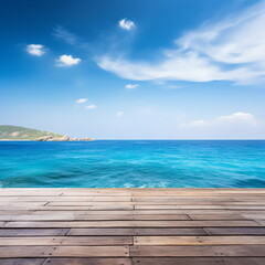 Naklejka premium Wooden dock over blue ocean with island in distance