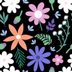 Naklejka premium Seamless floral pattern. Hand drawn wildflowers scattered on black background. Raster allover print great for fabric or paper print 