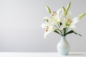 Lily in a vase isolated background, space on right for copy text, card concept