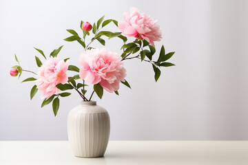 Pink Peony in a vase isolated background, space on right for copy text, card concept