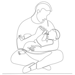 Happy fathers day. One continuous line drawing of a man with a child. Father and his children. The young father smiles and holds the baby in his arms, clutching him to himself. Vector illustration